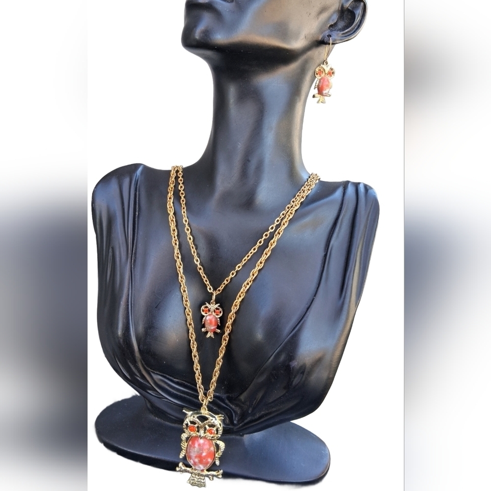 VINTAGE 70s HI-LO OWL NECKLACE & EARRING SET - ORIGINAL BOX